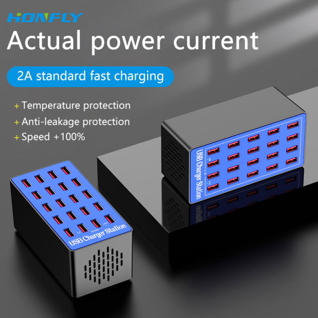 Honfly USB Desktop Multi-port charger 20 port 100W Cell phones Tablet 5V 20A Multi function Fast charger multiple devices