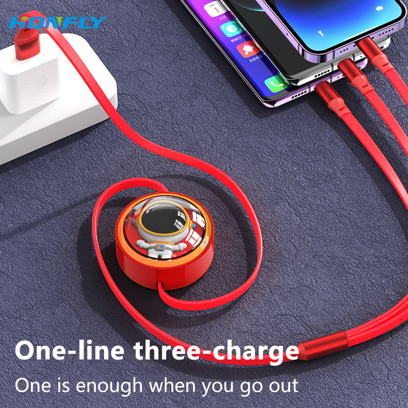 Honfly 6A 100W USB Super Fast Charging Data Cable for ios/Micro/Type C Retractable 3 in 1 Mobile Phone Silicone Charging Cable