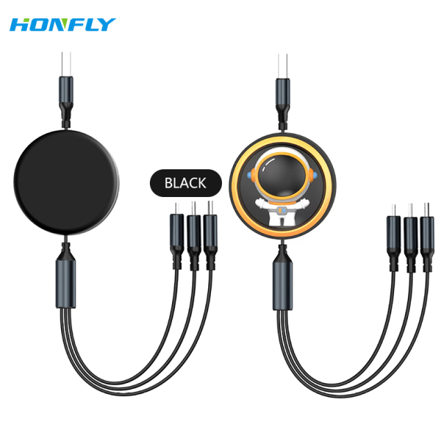 Honfly 6A 100W USB Super Fast Charging Data Cable for ios/Micro/Type C Retractable 3 in 1 Mobile Phone Silicone Charging Cable