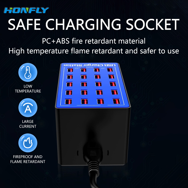 Honfly USB Desktop Multi-port charger 20 port 100W Cell phones Tablet 5V 20A Multi function Fast charger multiple devices