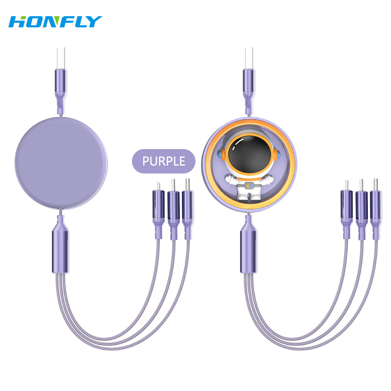 Honfly 6A 100W USB Super Fast Charging Data Cable for ios/Micro/Type C Retractable 3 in 1 Mobile Phone Silicone Charging Cable