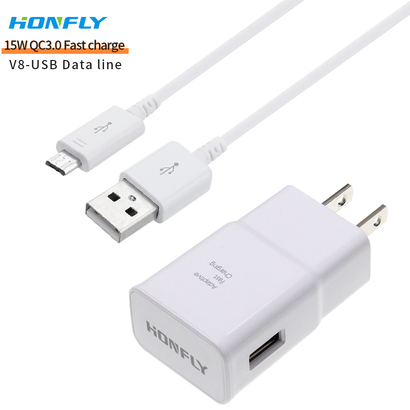Honfly High High Quality Travel 15w qc3.0 phone charger fast charging cable for samsung s6 s7 Fast charger + usb micro cable v8