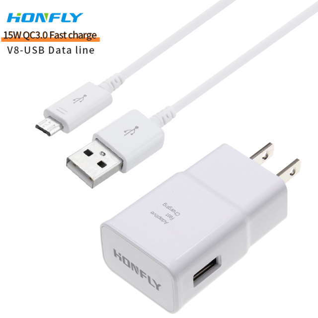 Honfly High High Quality Travel 15w qc3.0 phone charger fast charging cable for samsung s6 s7 Fast charger + usb micro cable v8