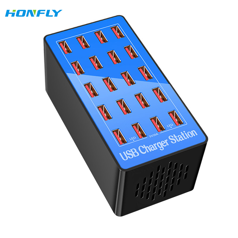 Honfly USB Desktop Multi-port charger 20 port 100W Cell phones Tablet 5V 20A Multi function Fast charger multiple devices