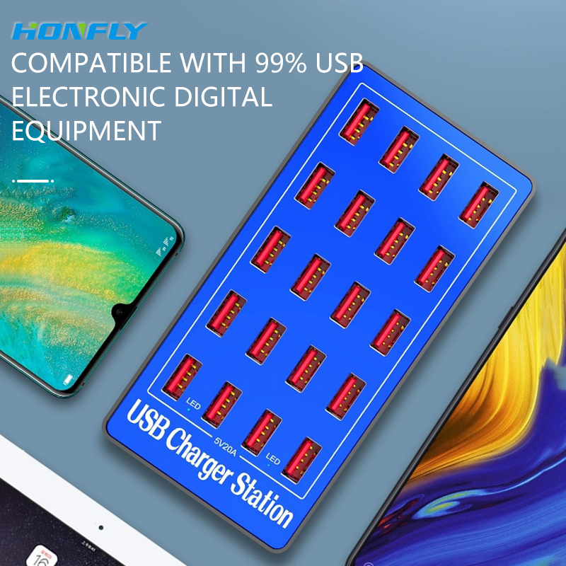Honfly USB Desktop Multi-port charger 20 port 100W Cell phones Tablet 5V 20A Multi function Fast charger multiple devices
