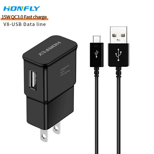 Honfly High High Quality Travel 15w qc3.0 phone charger fast charging cable for samsung s6 s7 Fast charger + usb micro cable v8