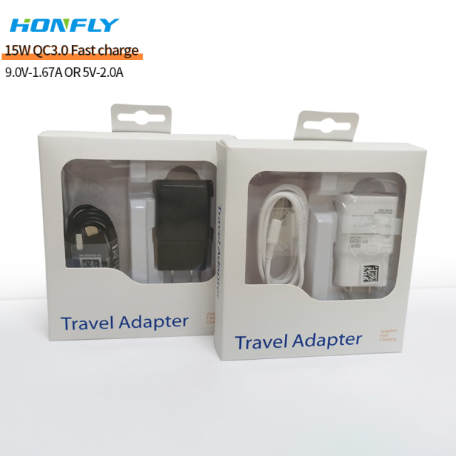 Honfly High High Quality Travel 15w qc3.0 usb phone charger fast charging cable type c for samsung s10 s8 Fast charger suit