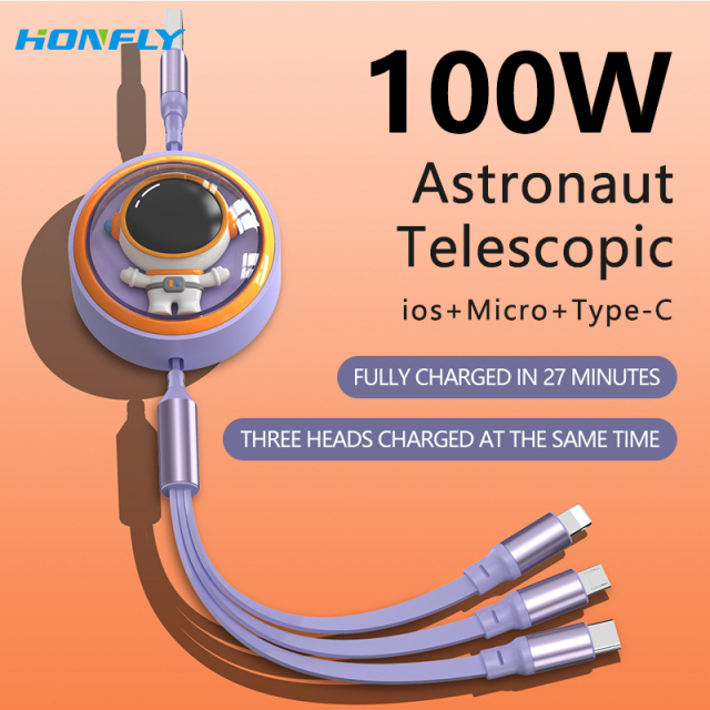 Honfly 6A 100W USB Super Fast Charging Data Cable for ios/Micro/Type C Retractable 3 in 1 Mobile Phone Silicone Charging Cable