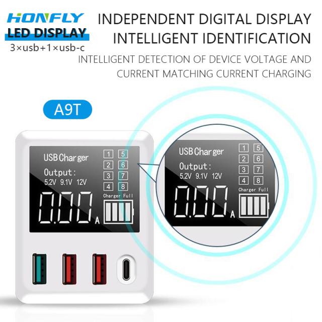 Honfly Travel Charger Intelligent display 40W usb multi charger  For Use QC3.0 fast charge type c for mobile phones Charger