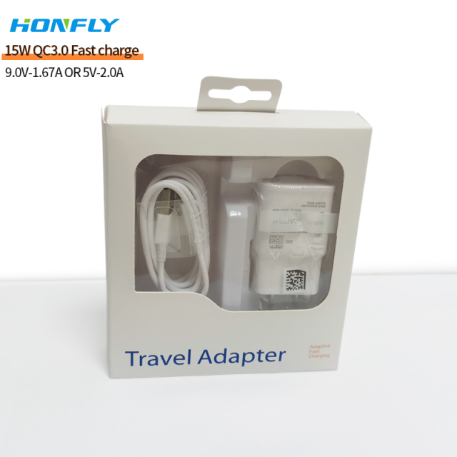Honfly High High Quality Travel 15w qc3.0 usb phone charger fast charging cable type c for samsung s10 s8 Fast charger suit