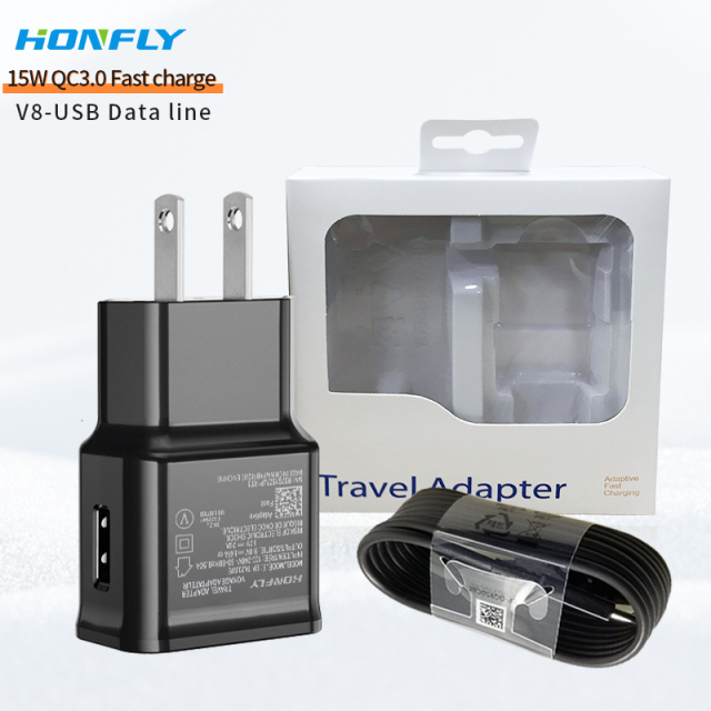 Honfly High High Quality Travel 15w qc3.0 phone charger fast charging cable for samsung s6 s7 suit  Fast charger + usb micro cable v8