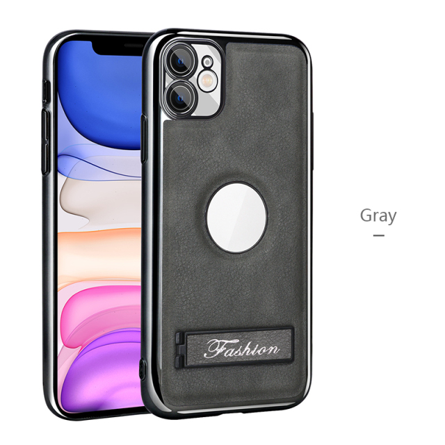 all-inclusive electroplated folding stand shockproof TPU phone case For iphone 11 business leather case with stand