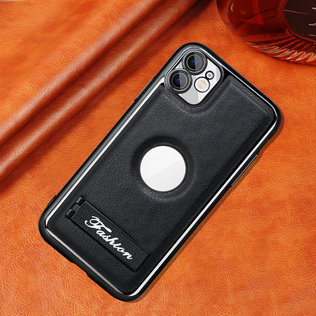 all-inclusive electroplated folding stand shockproof TPU phone case For iphone 11 business leather case with stand