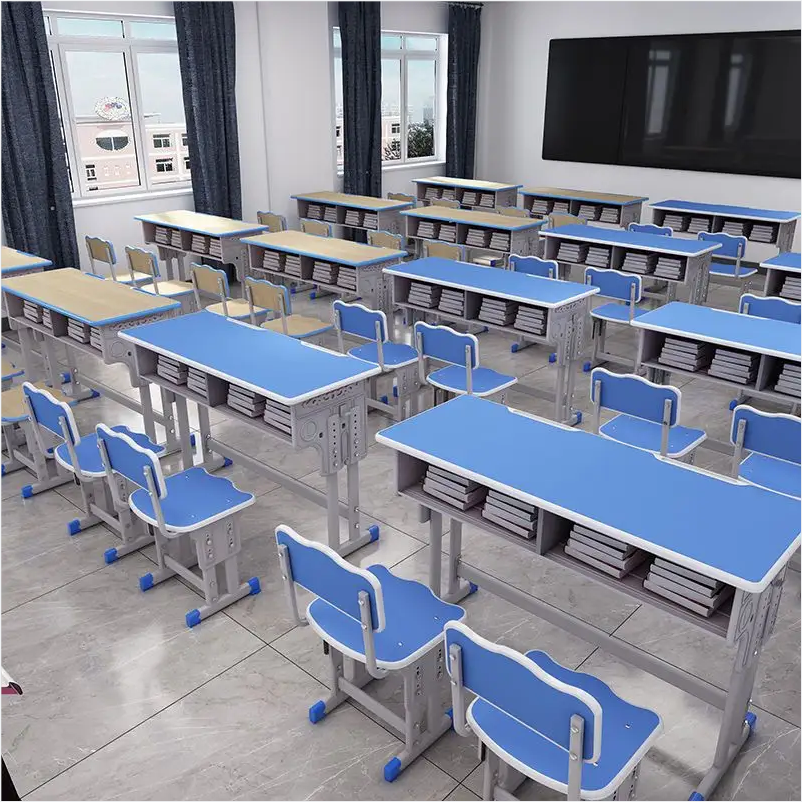 adjustable school double student desk with chair