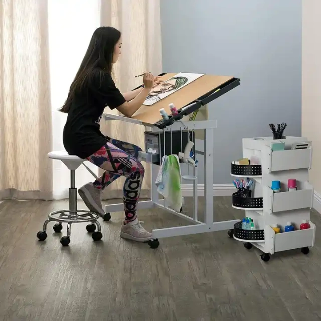Top Adjustable Movable Drafting Table with Drawers and Wheel