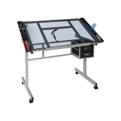 Mobile Adjustable Glass Drafting Table with 2 Drawers