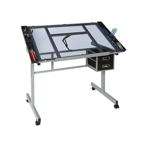 Mobile Adjustable Glass Drafting Table with 2 Drawers
