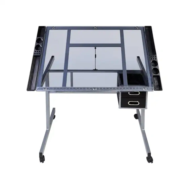 Mobile Adjustable Glass Drafting Table with 2 Drawers