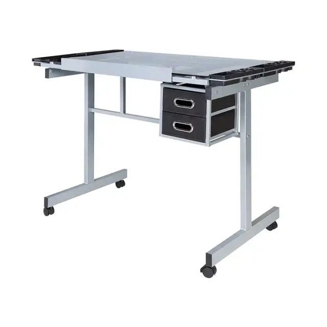 Mobile Adjustable Glass Drafting Table with 2 Drawers