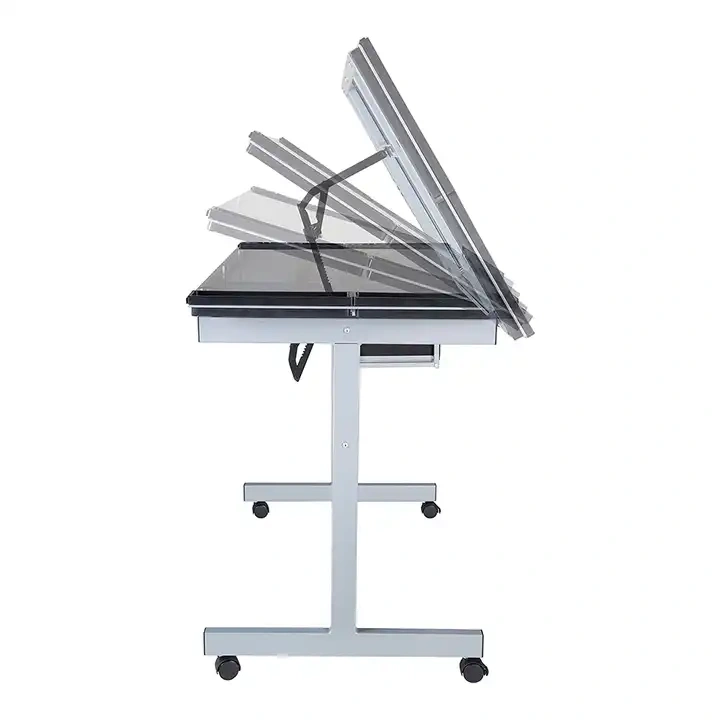 Mobile Adjustable Glass Drafting Table with 2 Drawers