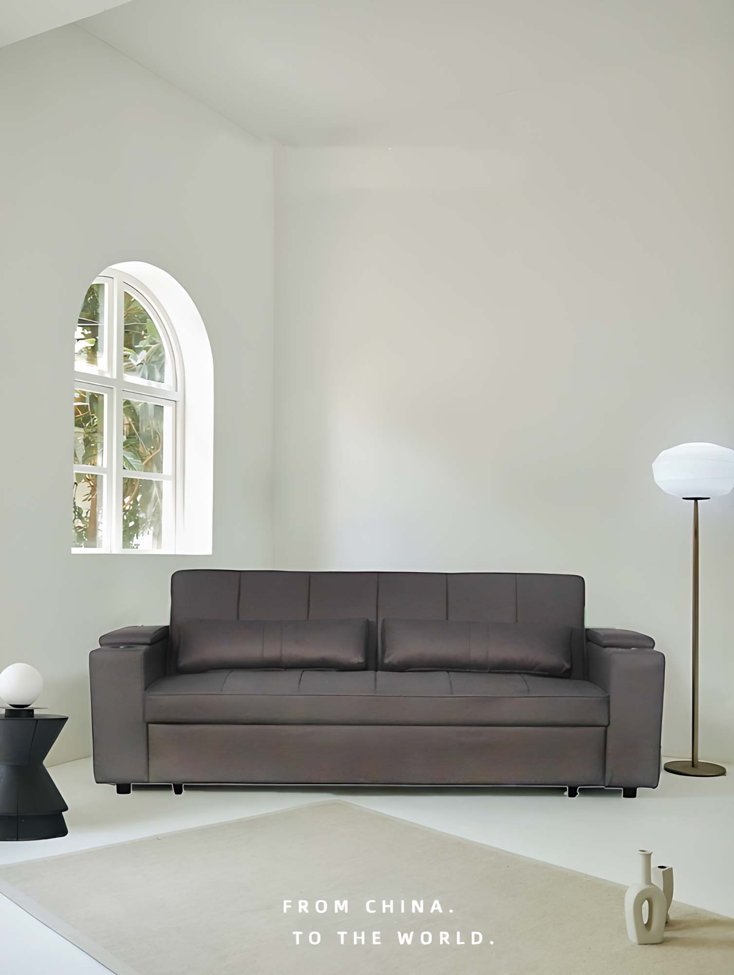 Mini Double Sofa Bed with Cup Holder and Storage on Armrest