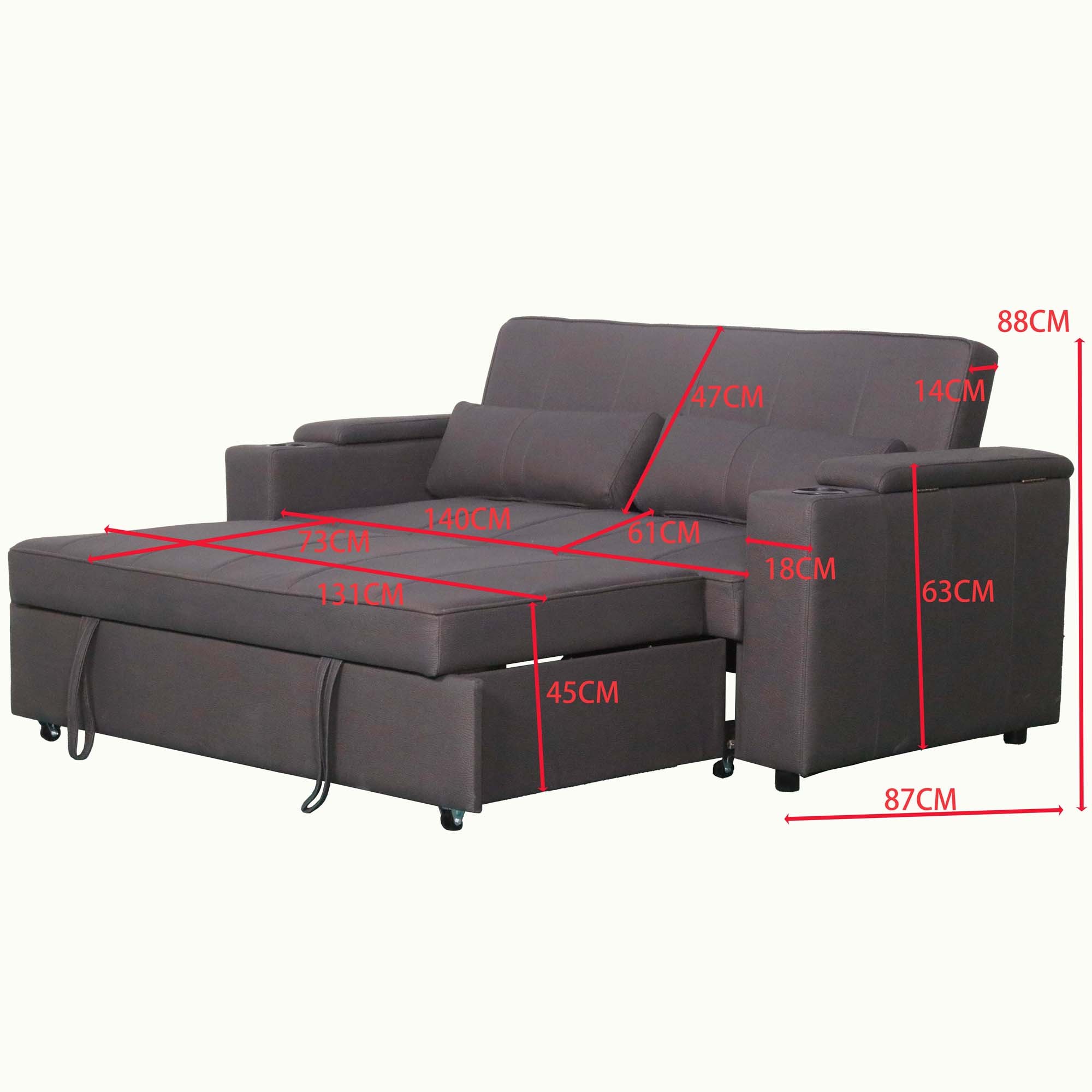 Mini Double Sofa Bed with Cup Holder and Storage on Armrest