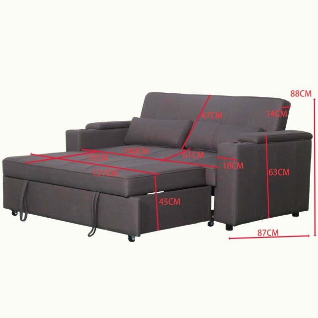 Mini Double Sofa Bed with Cup Holder and Storage on Armrest
