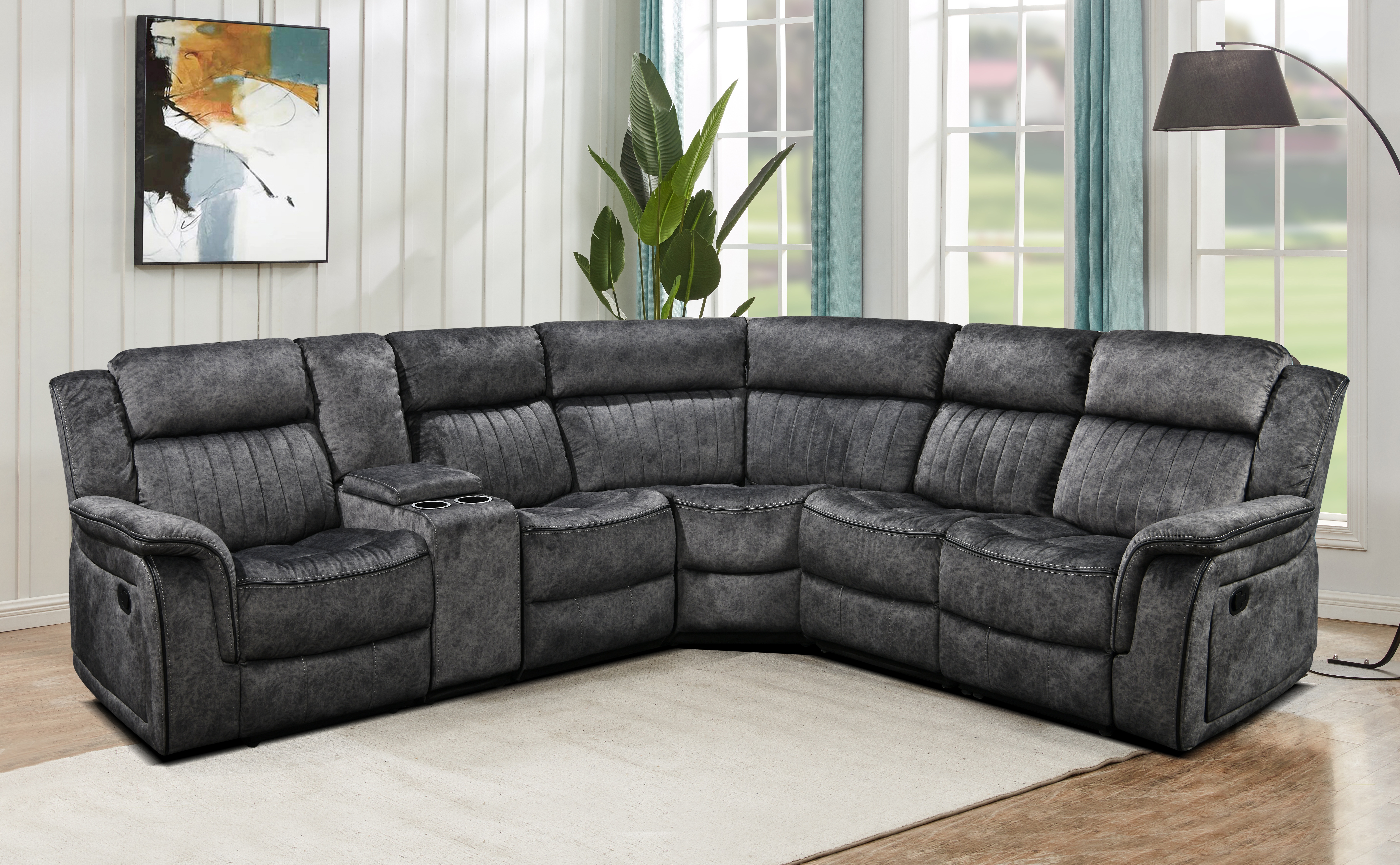 5 Seaters Sectional Sofa 2 Manual Recliner, Storage and Cup Holders