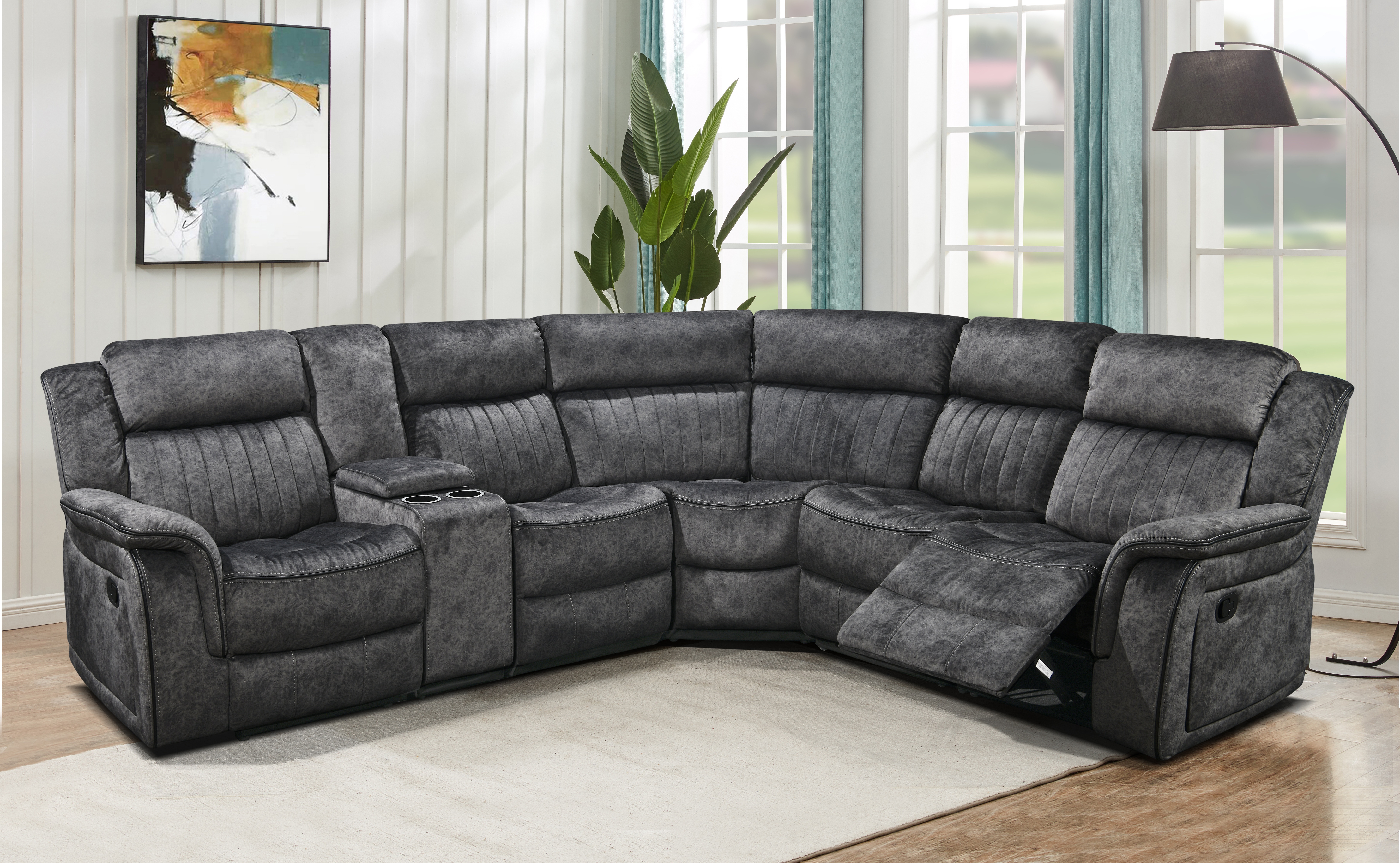 5 Seaters Sectional Sofa 2 Manual Recliner, Storage and Cup Holders