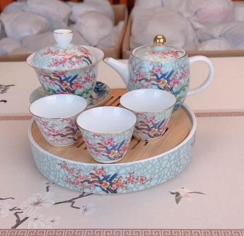 TEAP02 Tea Pot Set With Tray 百花争艳盖碗+三杯+壶+茶盘