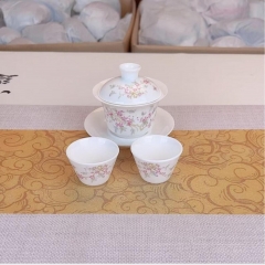 TEACUP11 Tea Bowl With Cup 控桃枝白瓷悬停三才盖碗+两杯