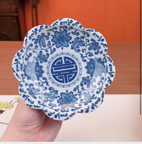 PLATE10 Chinese Tall-Leg Pastry Plate 青花缠枝莲中式高脚糕点盘茶点