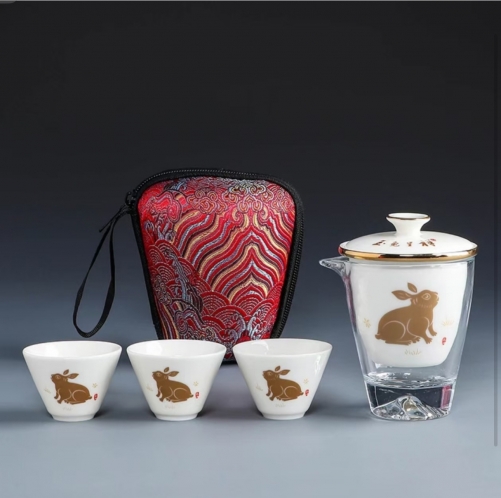 TT0003 Jade Rabbit Auspicious Porcelain Travel Tea Set 玉兔呈祥羊脂玉瓷旅行茶具套装