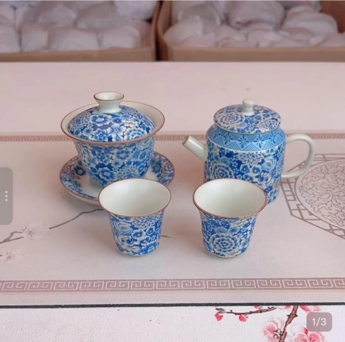 BOWL01 Porcelain Bowl + Tray 青花万花三才盖碗汝窑可开片+托盘