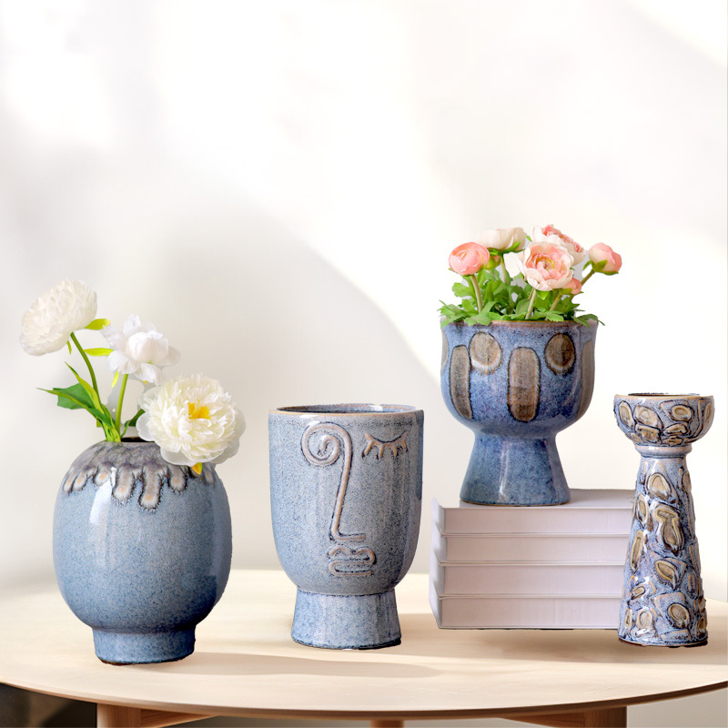 Vintage Kiln-Transformed Glazed Blue Feather Ceramic Vase & Flower Pot