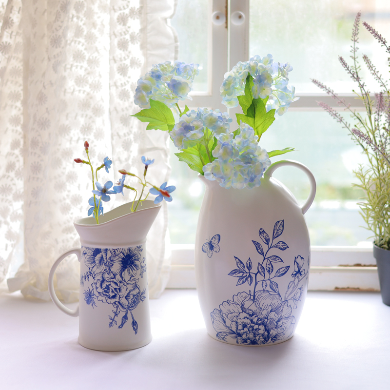 Blue and White Hand Painted Flora Ceramic Pitcher Vases  for Artificial Flower Arrangement