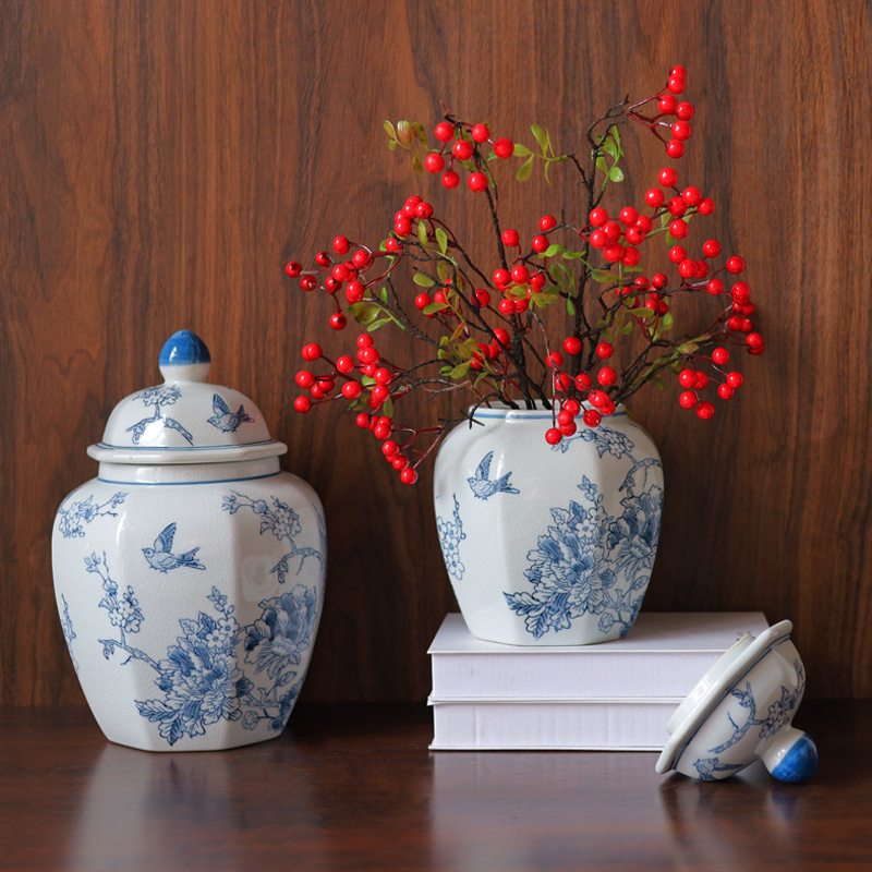 Chinese Traditional Blue and White Overjoyed Bird and Flower Design Pattern Ceramic Ginger Jars and Vase for Home Decor