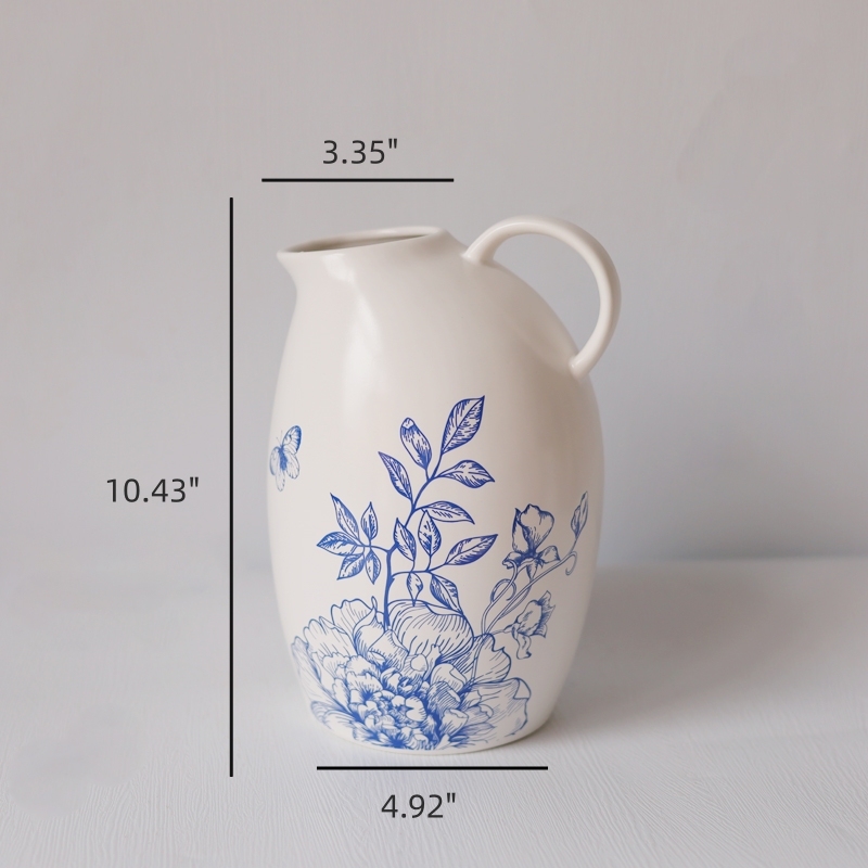 Blue and White Hand Painted Flora Ceramic Pitcher Vases  for Artificial Flower Arrangement