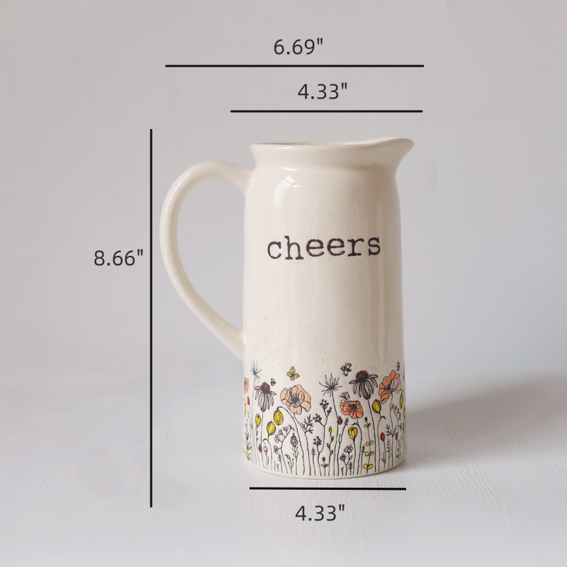 Medicinal Stones Added Cheers Flora Pattern Hand Painted Ceramic Water Pitcher Vase with Handle for Kitchenware
