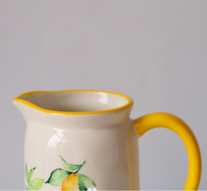 Lemon Pattern Wide Mouth Ceramic Water Pitcher High Temperature Fired Vase with Handle for Dinning Room
