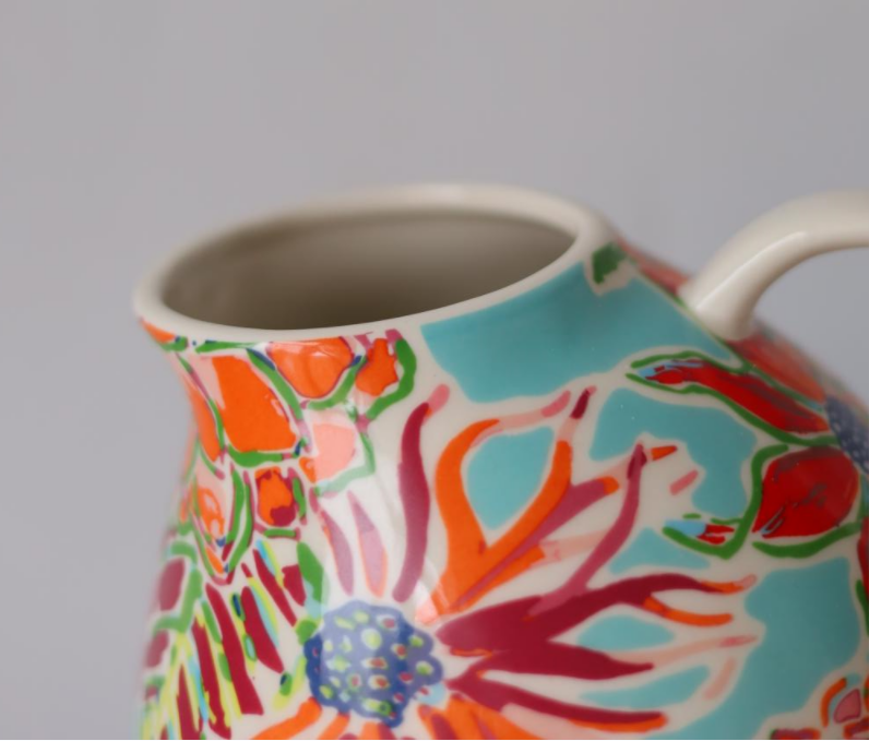 Hawaiian Style Colorful Flowers Pattern Hand Painted Ceramic Water Pitcher Bud Vase for Home Decor