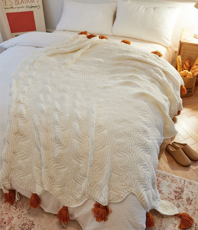 Soft Hollow Crochet Chenille Knitted Bed Couch Throw Blanket Home with Pompom