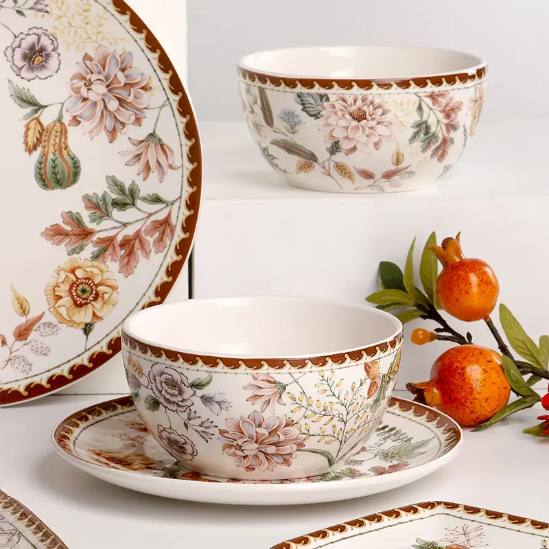 Blooming Moment Ceramic Plates and Bowls Sets including Dinner Plates, Dessert Plates, Cereal Bowls, Microwave & Dishwasher Safe