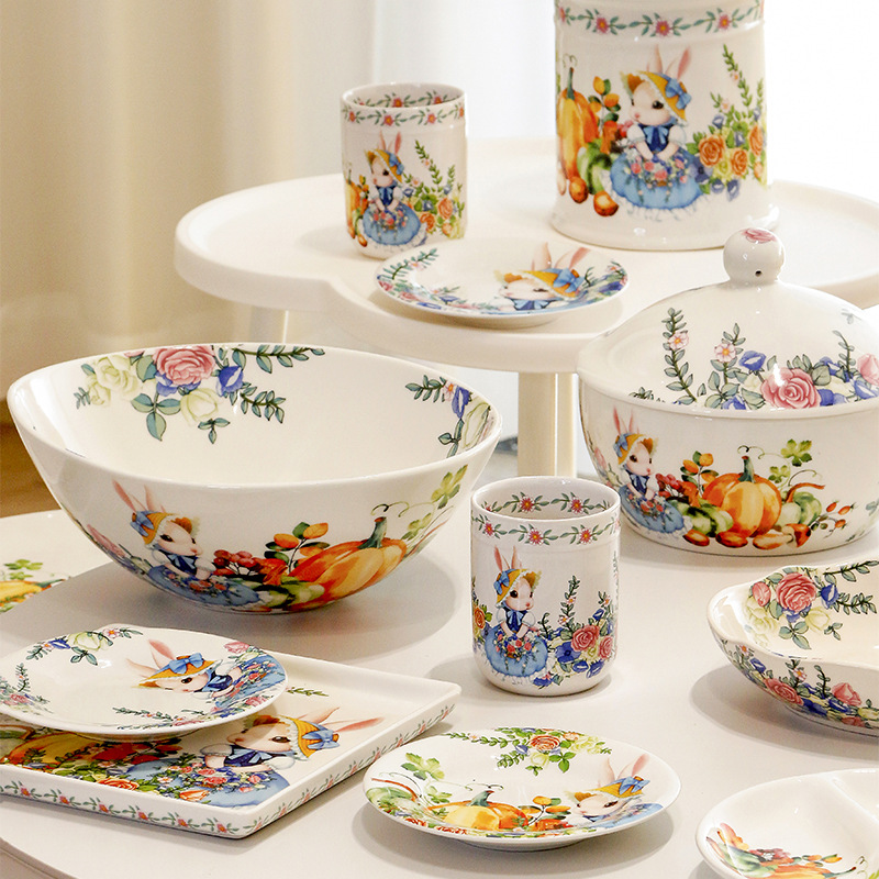 Pumpkin Rabbit Ceramic Plates and Bowls Sets including Dinner Plates, Dessert Plates, Cereal Bowls, Microwave & Dishwasher Safe