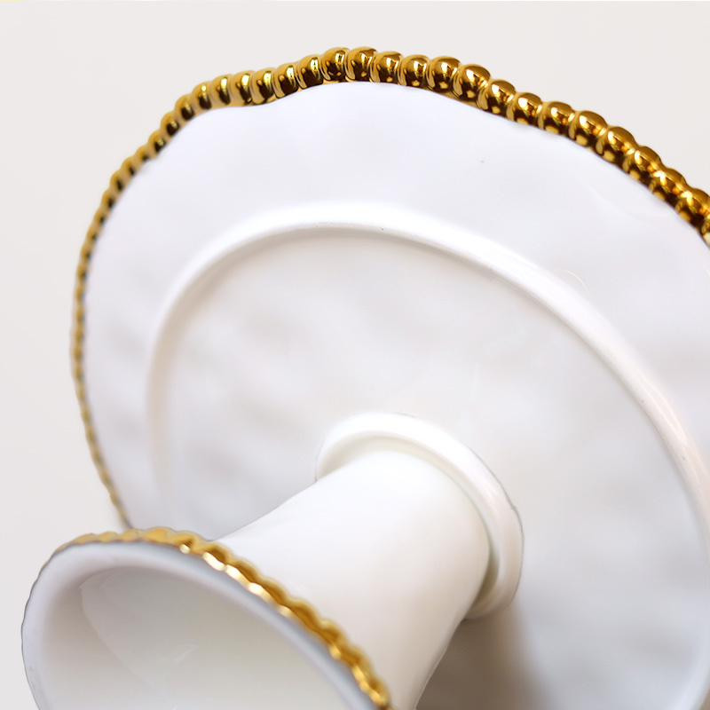 Elegant White with Embossed Gold Beads Trim High Feet Wedding Ceramic Trays Cake Stand Round Plate