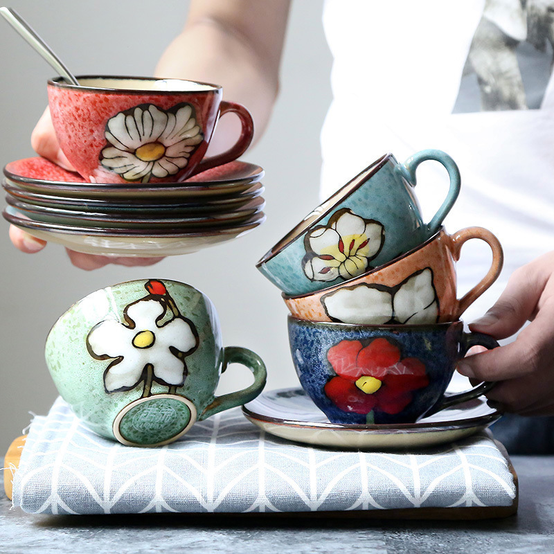 Ceramic Coffee Mug Retro Breakfast Milk Mug Porcelain Cup With Saucer