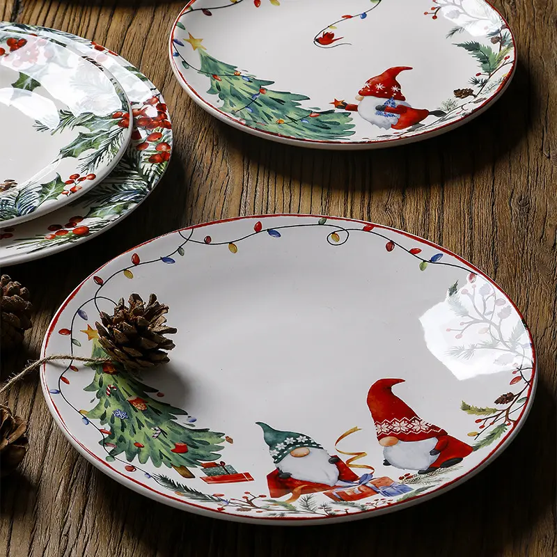 Christmas Decor Supplies Fine Ceramic Tree & Goblin Pattern Dinnerware Flatware Dishes & Plates