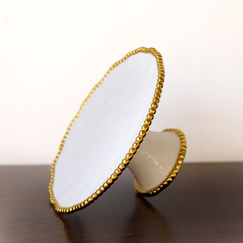 Elegant White with Embossed Gold Beads Trim High Feet Wedding Ceramic Trays Cake Stand Round Plate