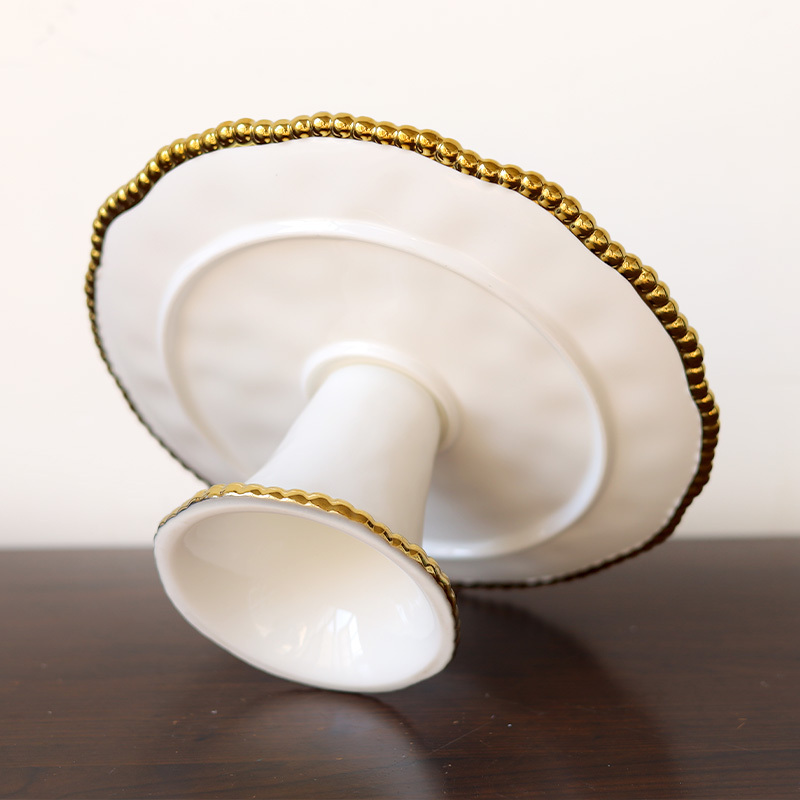 Elegant White with Embossed Gold Beads Trim High Feet Wedding Ceramic Trays Cake Stand Round Plate