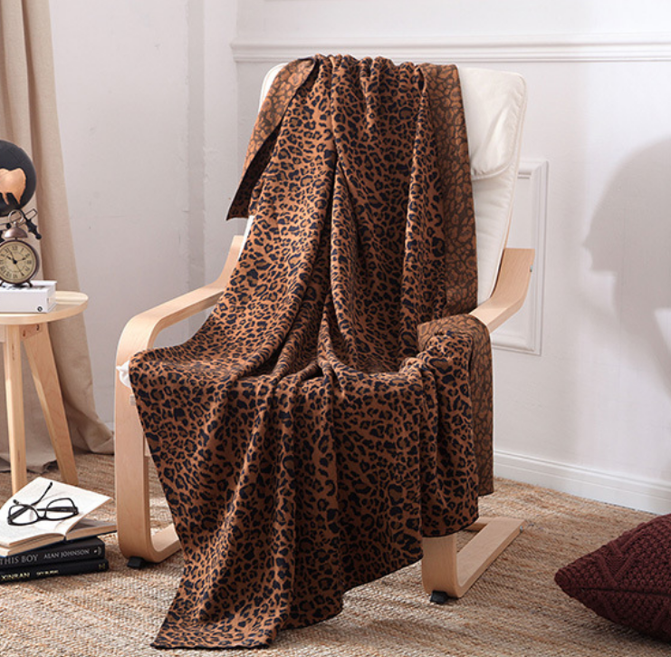 100% Cotton Leopard-Print Knitted Blanket Soft Throw Blanket for Bed Sofa Chair Cozy and Elegant Quilt Decorative Blankets-Color Brown & Gray